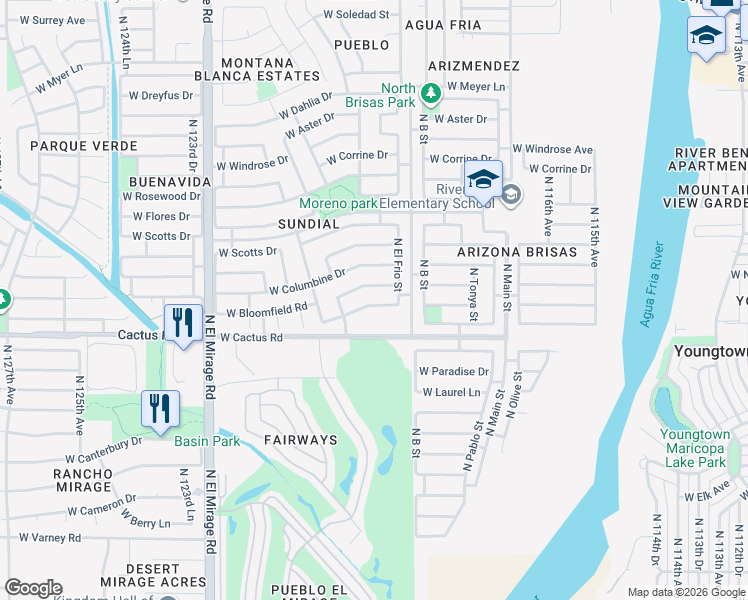 map of restaurants, bars, coffee shops, grocery stores, and more near 11923 West Charter Oak Road in El Mirage