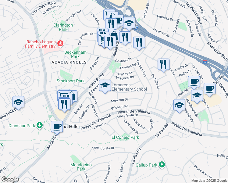 map of restaurants, bars, coffee shops, grocery stores, and more near 25100 Earhart Road in Laguna Hills