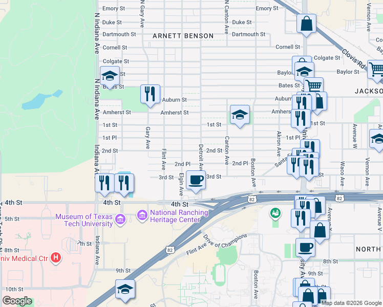 map of restaurants, bars, coffee shops, grocery stores, and more near 2909 2nd Street in Lubbock
