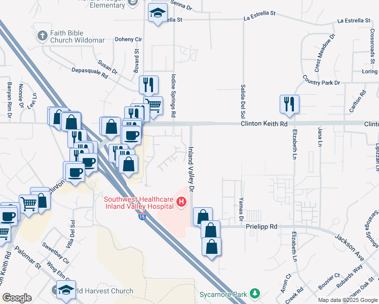 map of restaurants, bars, coffee shops, grocery stores, and more near 36101 Inland Valley Drive in Wildomar