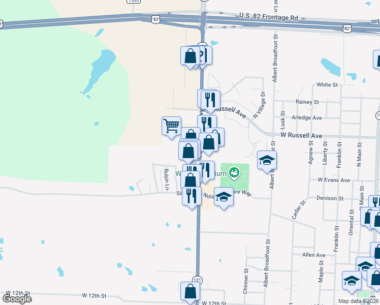 map of restaurants, bars, coffee shops, grocery stores, and more near 1804 Cardinal Lane in Bonham