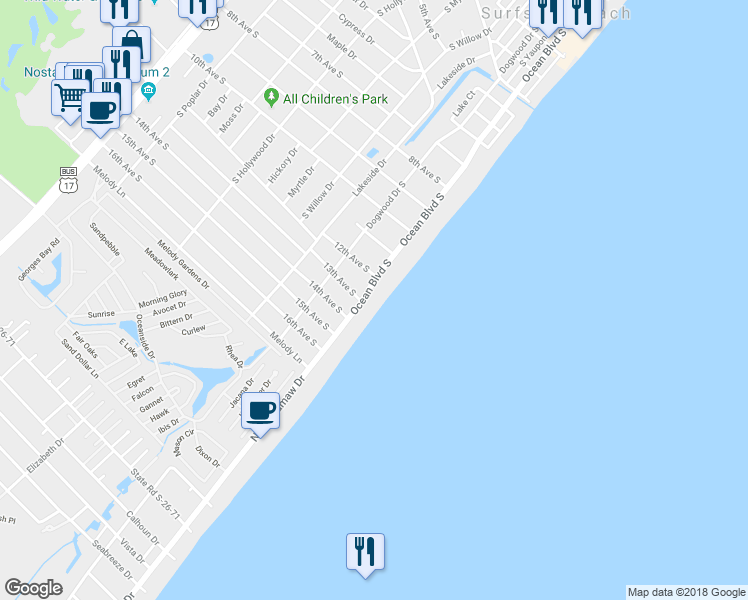 map of restaurants, bars, coffee shops, grocery stores, and more near 1217 South Ocean Boulevard in Surfside Beach