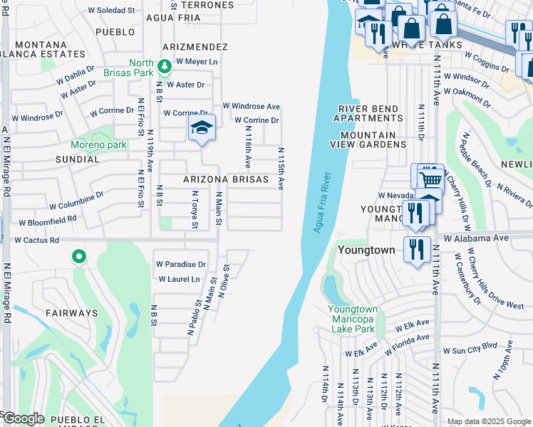 map of restaurants, bars, coffee shops, grocery stores, and more near 11522 West Charter Oak Road in El Mirage