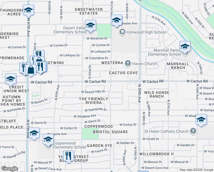 map of restaurants, bars, coffee shops, grocery stores, and more near 12019 North 61st Drive in Glendale