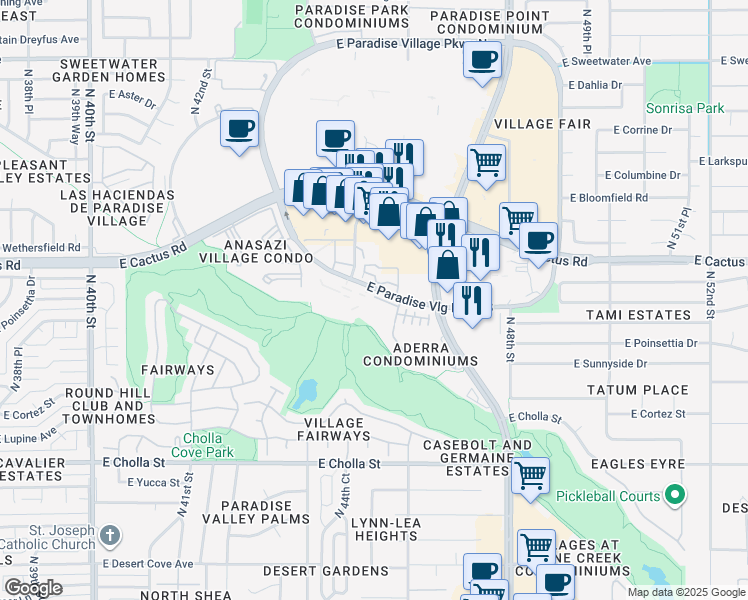 map of restaurants, bars, coffee shops, grocery stores, and more near 4455 East Paradise Village Parkway South in Phoenix