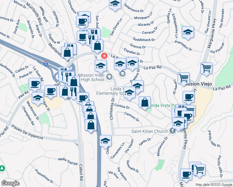 map of restaurants, bars, coffee shops, grocery stores, and more near 25301 Pericia Drive in Mission Viejo