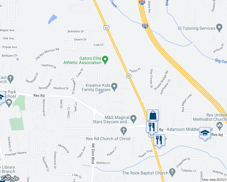 map of restaurants, bars, coffee shops, grocery stores, and more near 5833 Amerson Lane in Ellenwood