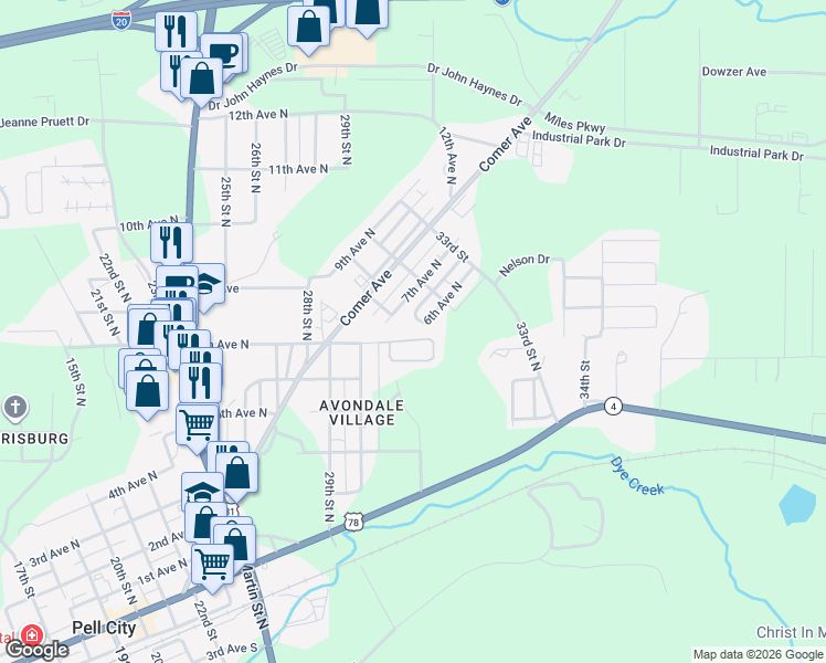 map of restaurants, bars, coffee shops, grocery stores, and more near 3102 6th Avenue North in Pell City