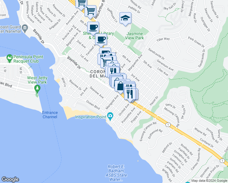 map of restaurants, bars, coffee shops, grocery stores, and more near 330 Marguerite Avenue in Newport Beach