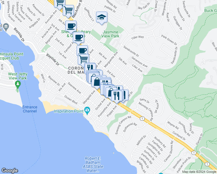 map of restaurants, bars, coffee shops, grocery stores, and more near 422 Narcissus Avenue in Newport Beach