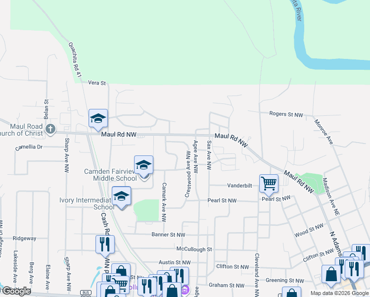 map of restaurants, bars, coffee shops, grocery stores, and more near 756 Crestwood Avenue Northwest in Camden