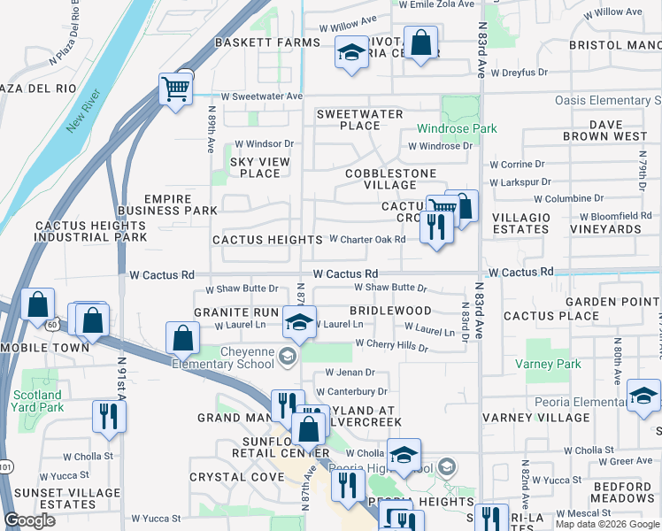 map of restaurants, bars, coffee shops, grocery stores, and more near 8621 West Wethersfield Road in Peoria