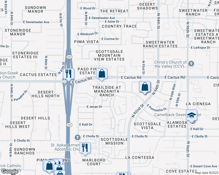 map of restaurants, bars, coffee shops, grocery stores, and more near 9065 East Poinsettia Drive in Scottsdale
