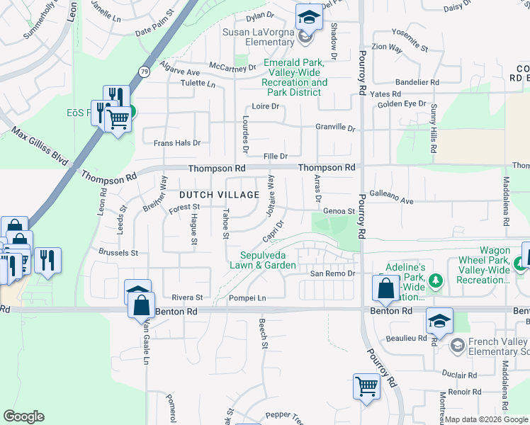 map of restaurants, bars, coffee shops, grocery stores, and more near 36171 Joltaire Way in Winchester