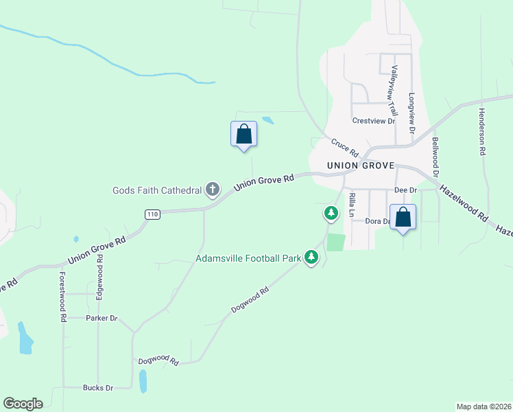 map of restaurants, bars, coffee shops, grocery stores, and more near 1251 Union Grove Road in Adamsville