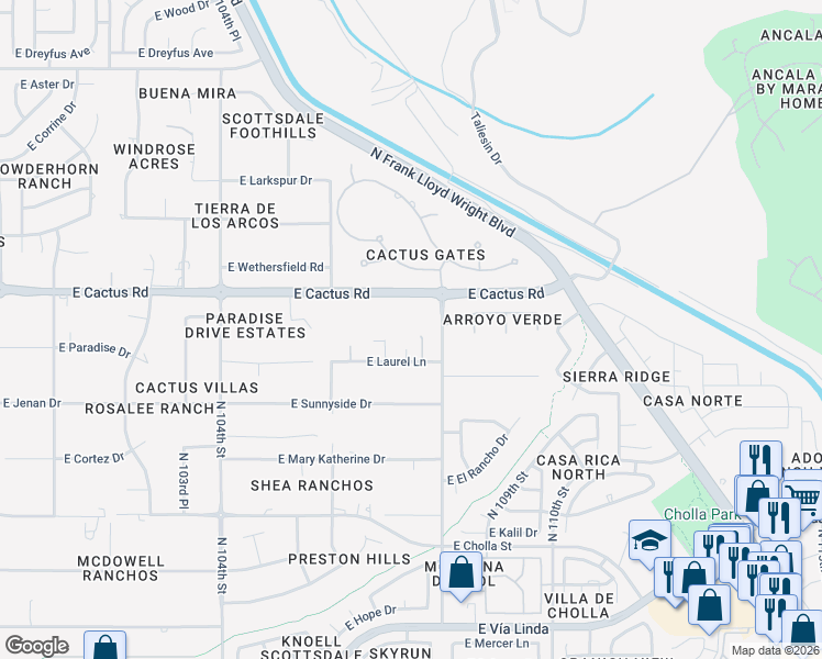 map of restaurants, bars, coffee shops, grocery stores, and more near 10758 East Laurel Lane in Scottsdale