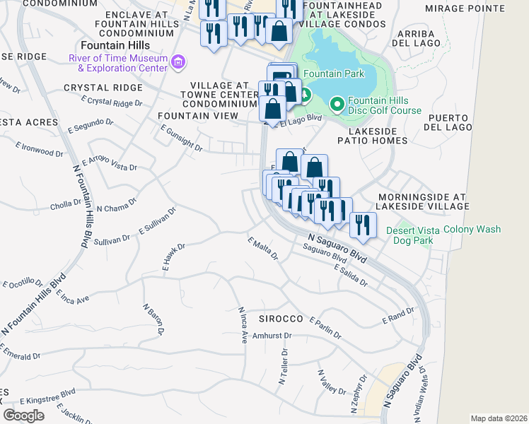 map of restaurants, bars, coffee shops, grocery stores, and more near 12034 North Saguaro Boulevard in Fountain Hills