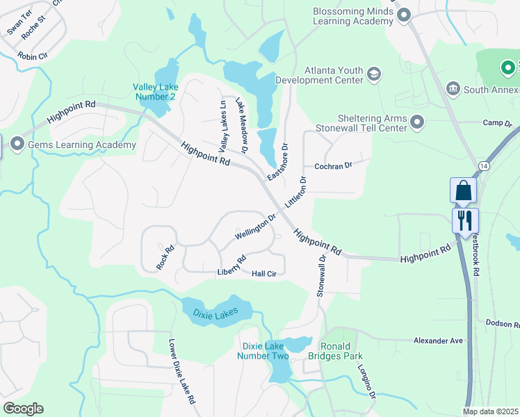 map of restaurants, bars, coffee shops, grocery stores, and more near 5511 Rock Road in Union City