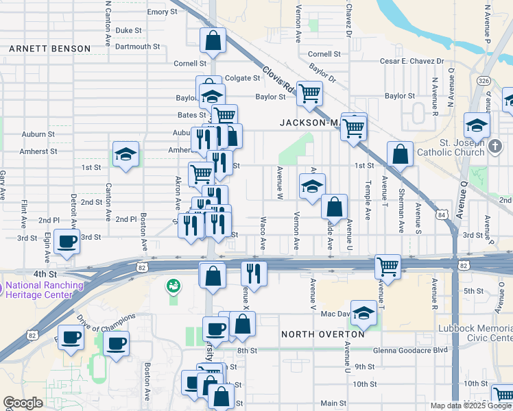 map of restaurants, bars, coffee shops, grocery stores, and more near 2320 2nd Pl in Lubbock