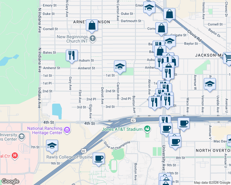 map of restaurants, bars, coffee shops, grocery stores, and more near 2802 2nd Place in Lubbock