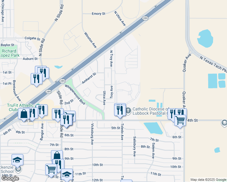 map of restaurants, bars, coffee shops, grocery stores, and more near 107 Troy Avenue in Lubbock
