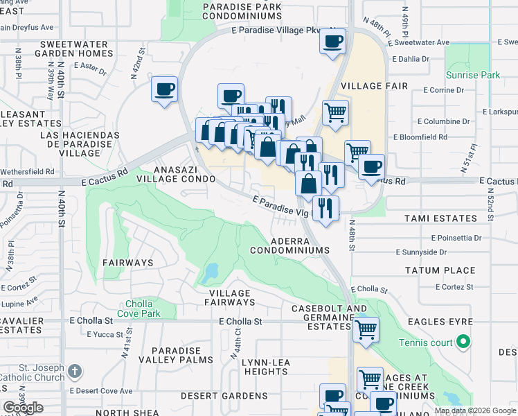 map of restaurants, bars, coffee shops, grocery stores, and more near 4455 East Paradise Village Parkway South in Phoenix