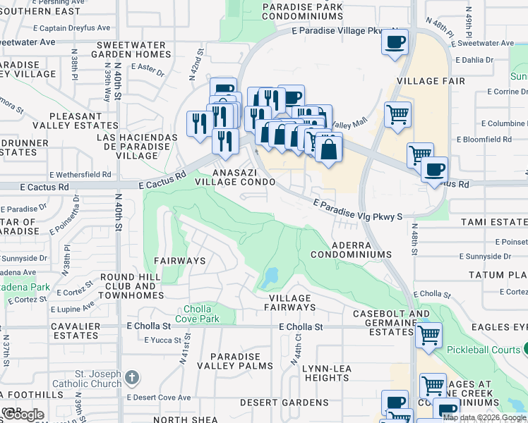 map of restaurants, bars, coffee shops, grocery stores, and more near 4415 East Paradise Village Parkway South in Phoenix