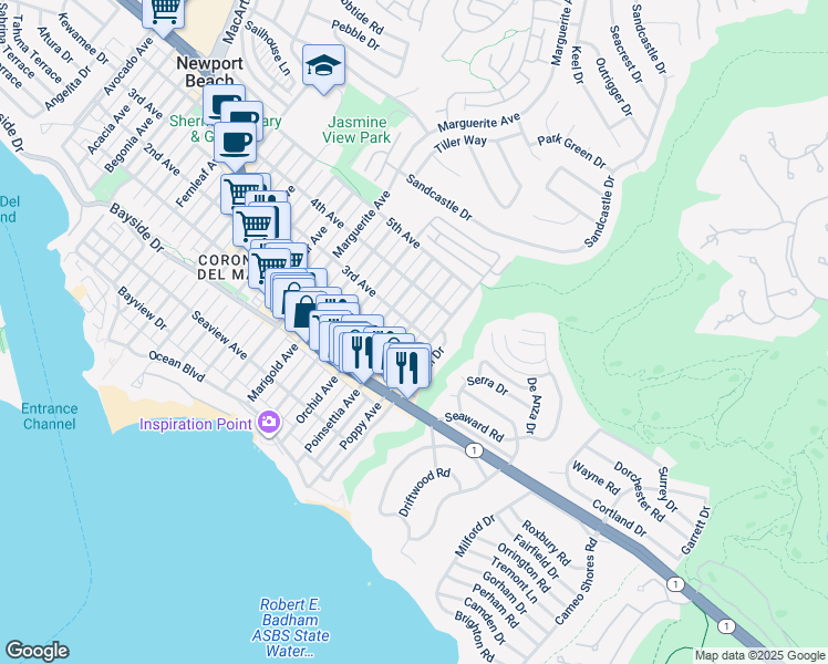 map of restaurants, bars, coffee shops, grocery stores, and more near 521 Poppy Avenue in Newport Beach