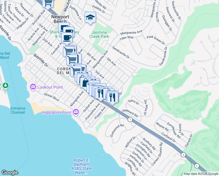 map of restaurants, bars, coffee shops, grocery stores, and more near 501 Poinsettia Avenue in Newport Beach
