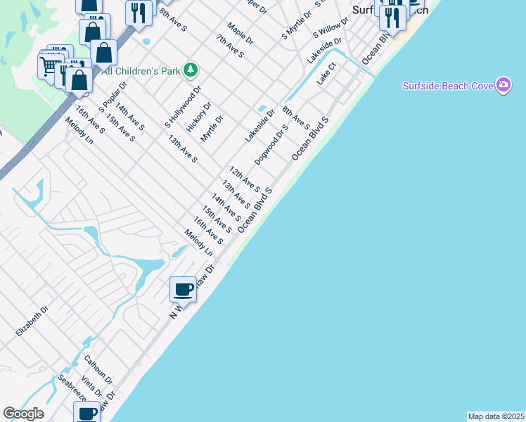 map of restaurants, bars, coffee shops, grocery stores, and more near 1217 Ocean Boulevard South in Surfside Beach