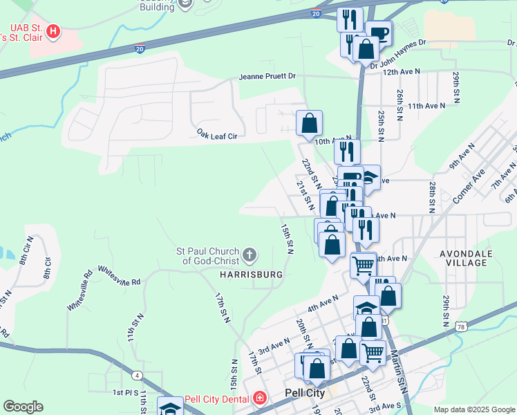 map of restaurants, bars, coffee shops, grocery stores, and more near 550 Wood Drive in Pell City