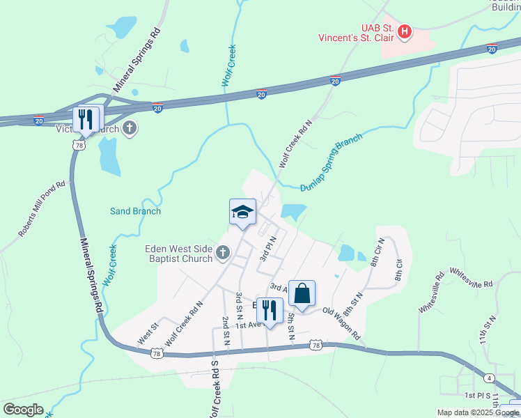 map of restaurants, bars, coffee shops, grocery stores, and more near 510 Wolf Creek Road North in Pell City