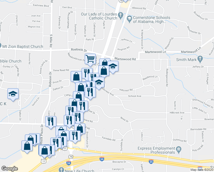 map of restaurants, bars, coffee shops, grocery stores, and more near 719 Jeannine Court in Birmingham