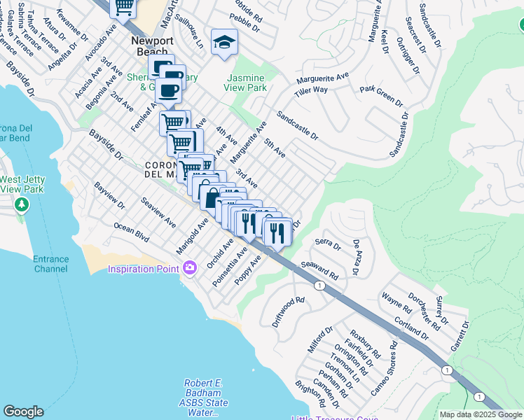 map of restaurants, bars, coffee shops, grocery stores, and more near 504 Orchid Avenue in Newport Beach