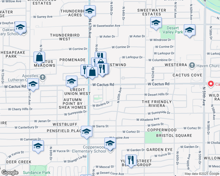 map of restaurants, bars, coffee shops, grocery stores, and more near 6565 West Cactus Road in Glendale