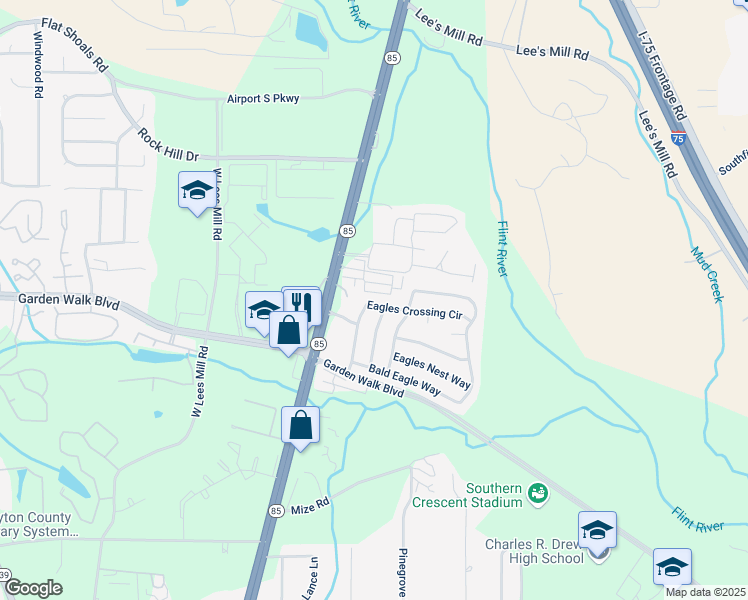 map of restaurants, bars, coffee shops, grocery stores, and more near 5849 Eagles Crossing Lane in Riverdale