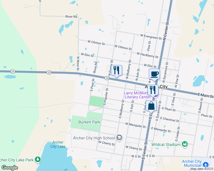 map of restaurants, bars, coffee shops, grocery stores, and more near 420 West Walnut Street in Archer City