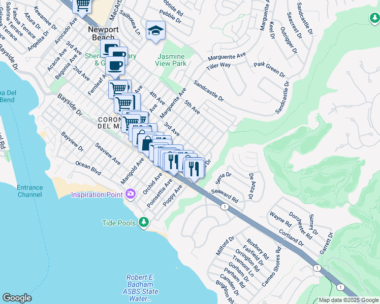 map of restaurants, bars, coffee shops, grocery stores, and more near 513 1/2 Poinsettia Avenue in Newport Beach