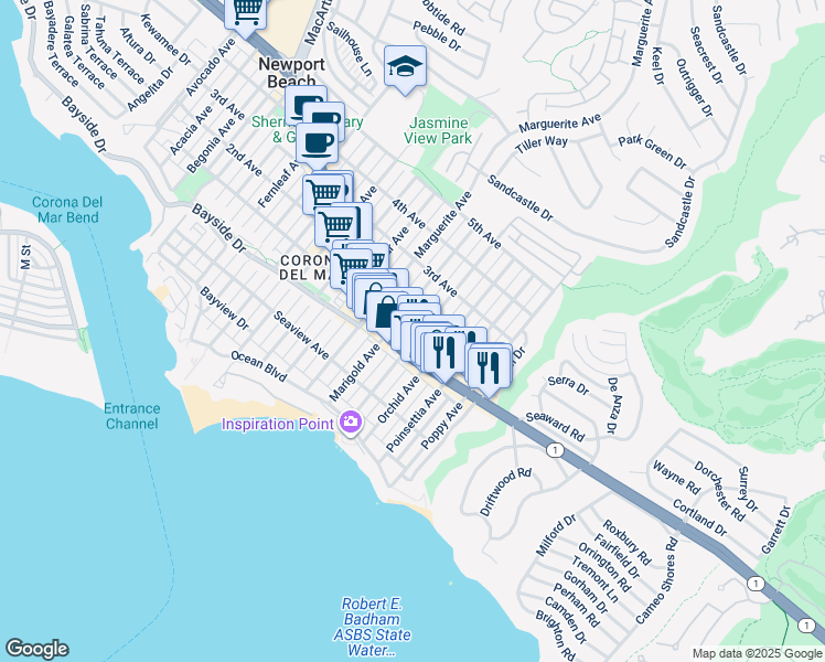 map of restaurants, bars, coffee shops, grocery stores, and more near 415 1/2 Narcissus Avenue in Newport Beach