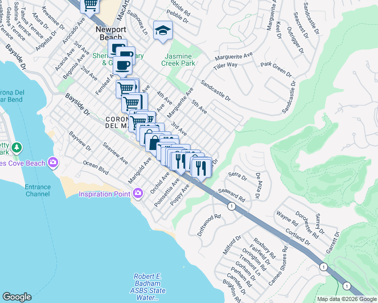 map of restaurants, bars, coffee shops, grocery stores, and more near 504 Orchid Avenue in Newport Beach