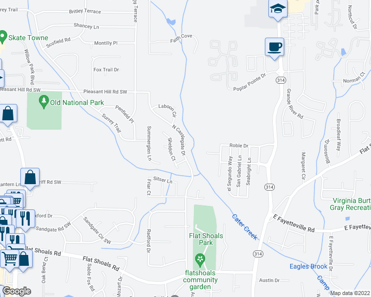 map of restaurants, bars, coffee shops, grocery stores, and more near 5854 North Castlegate Drive in Atlanta