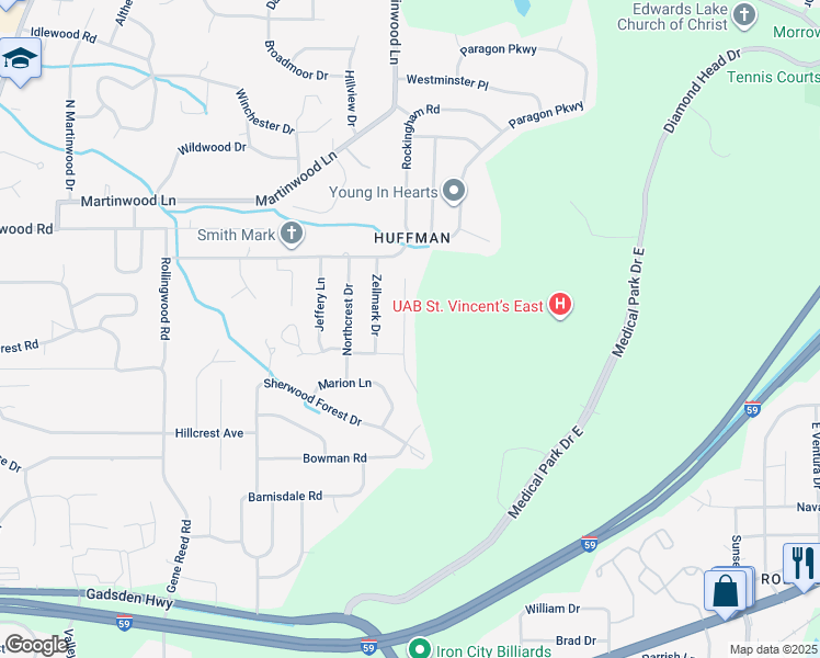 map of restaurants, bars, coffee shops, grocery stores, and more near 823 Sherman Oaks Drive in Birmingham