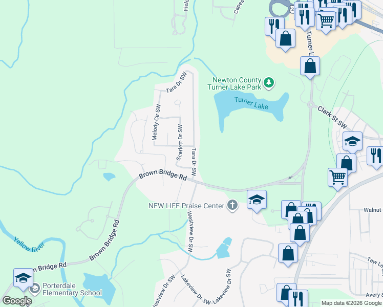 map of restaurants, bars, coffee shops, grocery stores, and more near 9159 Tara Drive Southwest in Covington