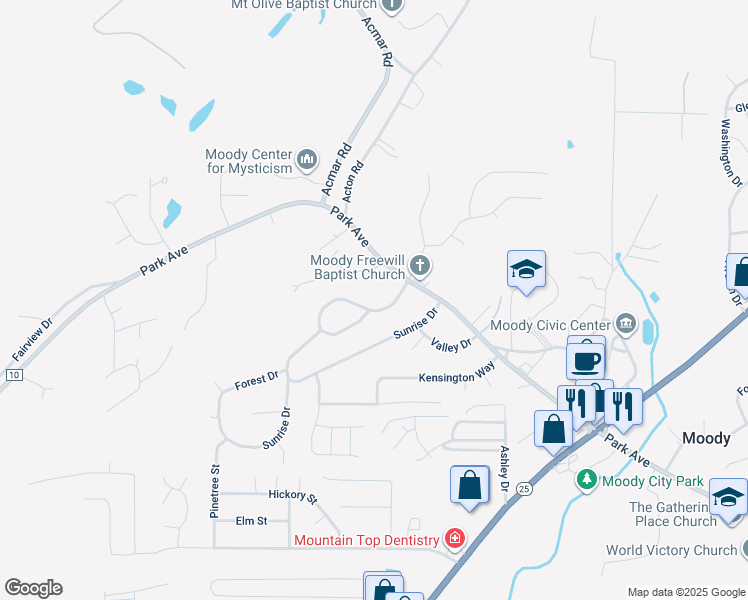 map of restaurants, bars, coffee shops, grocery stores, and more near 2809 Lee Meadows Drive in Moody