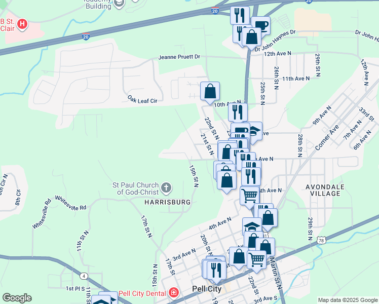 map of restaurants, bars, coffee shops, grocery stores, and more near 710 15th Street North in Pell City
