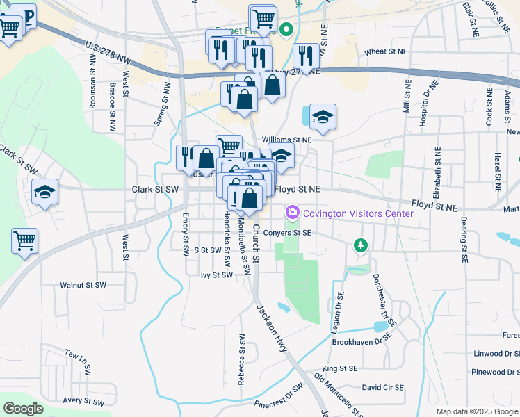 map of restaurants, bars, coffee shops, grocery stores, and more near 1133 Church Street in Covington