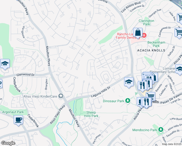 map of restaurants, bars, coffee shops, grocery stores, and more near 898 Ronda Sevilla in Laguna Woods