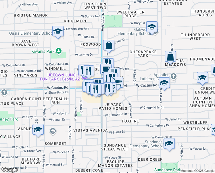 map of restaurants, bars, coffee shops, grocery stores, and more near 7455 West Cactus Road in Peoria