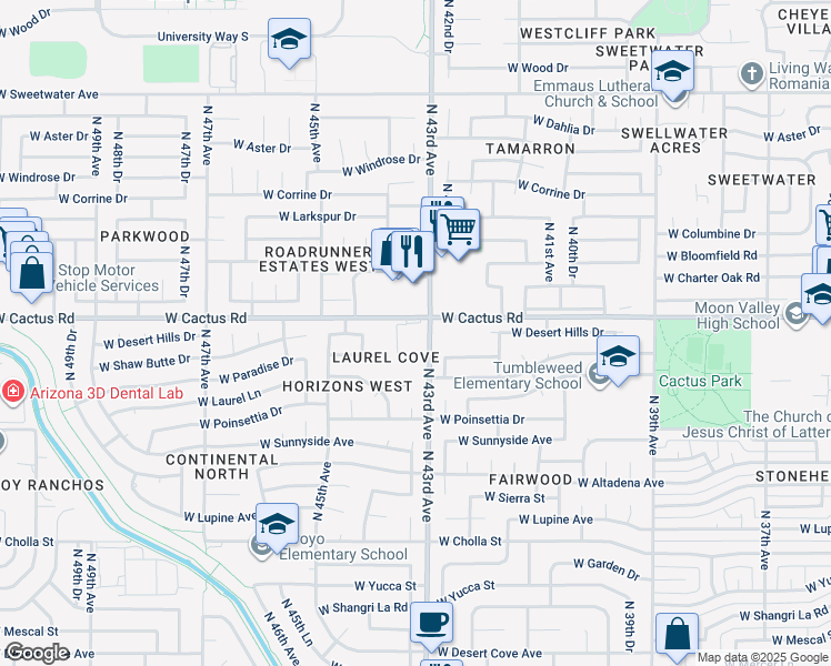 map of restaurants, bars, coffee shops, grocery stores, and more near 4301 West Cactus Road in Glendale
