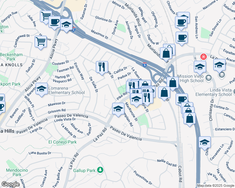 map of restaurants, bars, coffee shops, grocery stores, and more near 25267 Pike Road in Laguna Hills